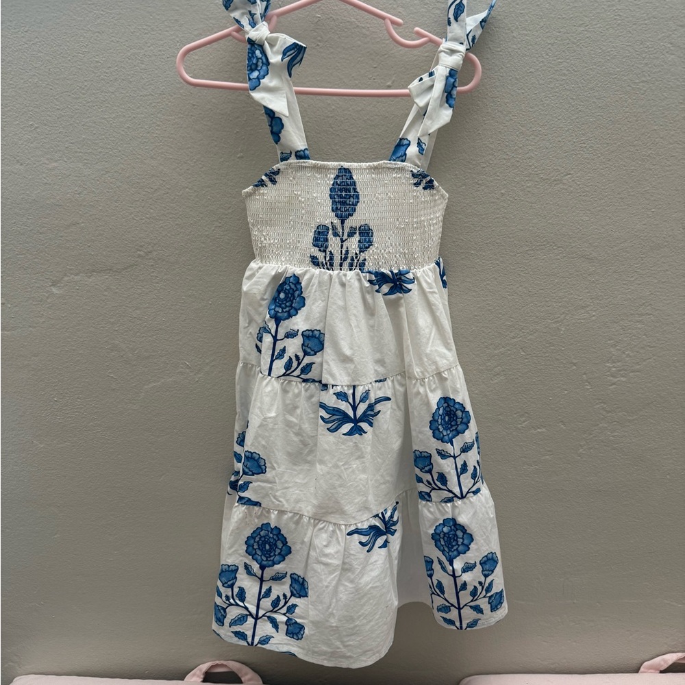 Girls White Sundress with Blue Floral Print